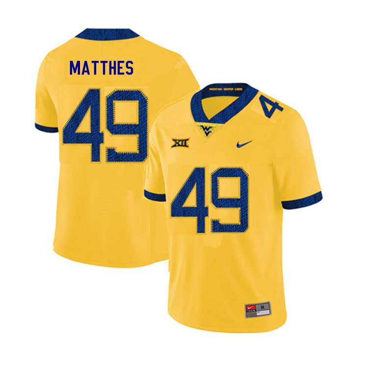2019 Men #49 Evan Matthes West Virginia Mountaineers College Football Jerseys Sale-Yellow